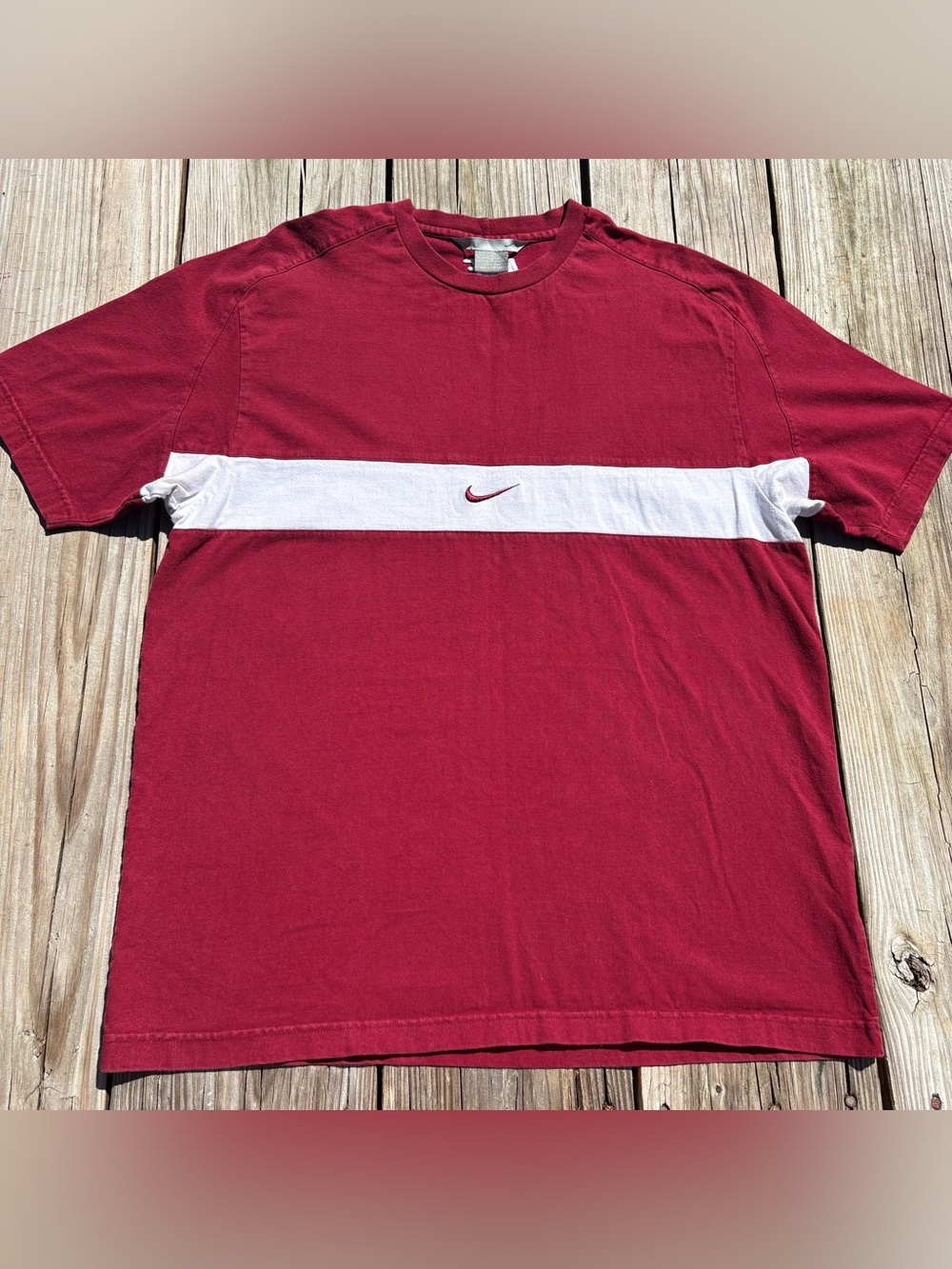 Vintage 90’s Nike Embroidered Center Swoosh T-Shirt Burgundy/White Block Stripe